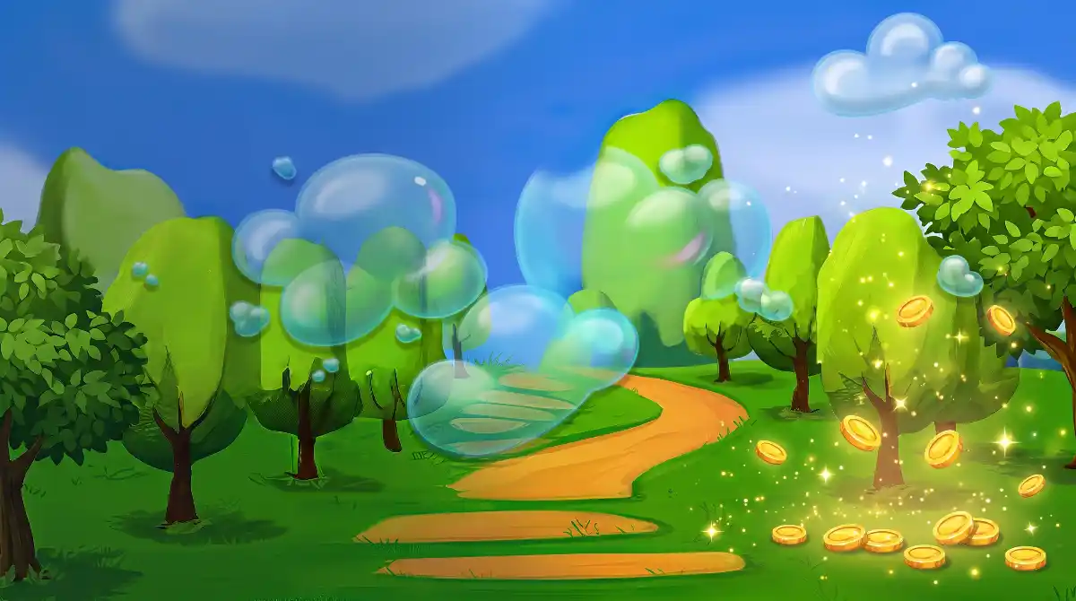 Huff N' Puff slot bonus background with a pig-and-wolf meadow